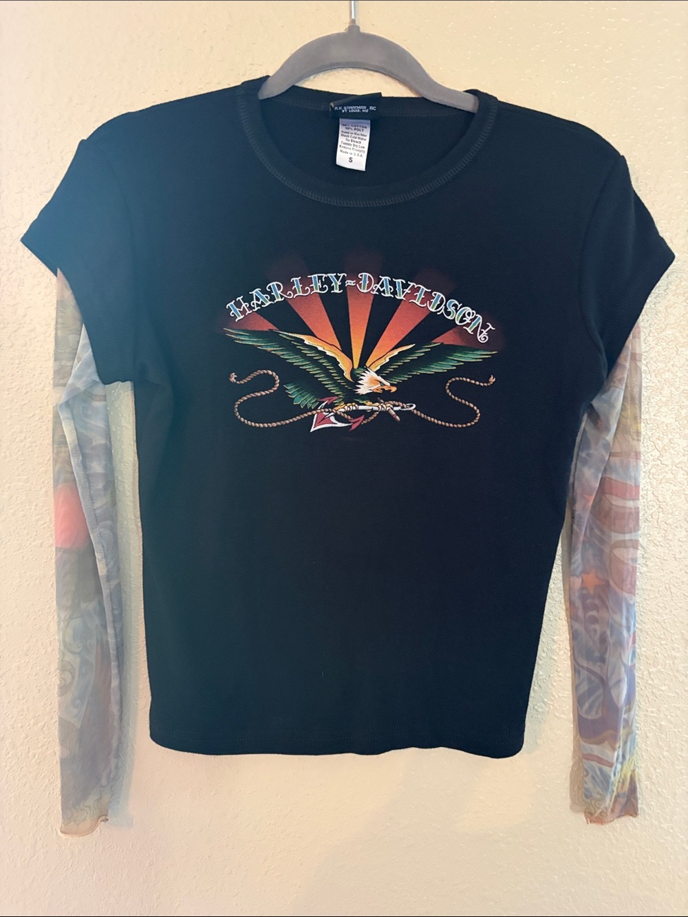 Harley-Davidson Black Tee with Eagle Sunset Graphic and Sheer Printed Sleeves